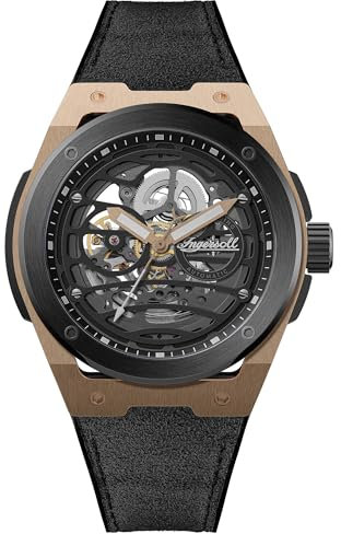 Ingersoll The Springfield 48 mm Automatic Herrenuhr mit schwarzem Skelettziffernblatt und schwarzem PU-Alcantara Armband I15202