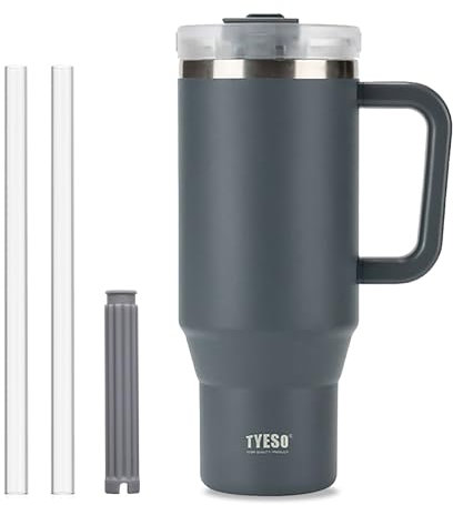 Klaraber Coffee Cup Travel Mug with Handle, 40oz Tumbler with Lockable Lid, Stainless Steel Vacuum Insulated Water Bottle with Straw, Leakproof & Portable Travel Cup for Hot and Cold Drinks (Grey)