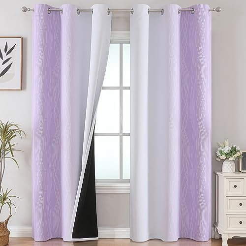 VEHEDE Ombre Wave Printed Blackout Curtains 84 Inch Drop for Bedroom, Lilac and Greyish White Gradient Thermal Insulated Home Decorative Window Drapes for Living Room, W42 x L84 Inch, 2 Pieces