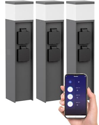 ledscom.de 3 Stück Wegelicht/Pollerleuchte PODEL für außen, IP44, Smart Home, WLAN, Alexa, 39 cm, anthrazit, 1x G9 max. 10W, 2 Steckdosen
