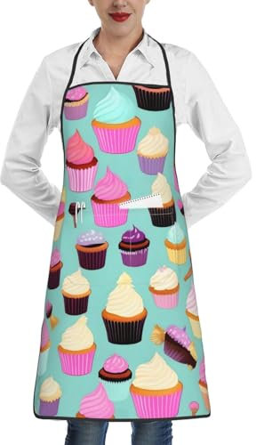 BREAUX Küchenschürze mit Cupcake-Muster, schwarze Schürze mit Taschen, Schürze für Erwachsene, Kochschürze, weiß, Einheitsgröße, weiß, One size