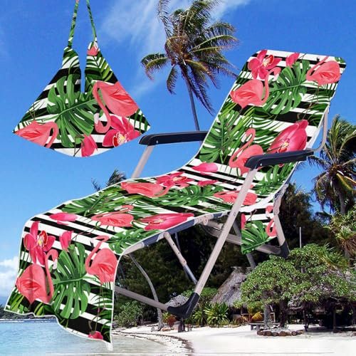 Treer Beach Chair Cover Towel, Microfiber Beach Towel 3D Flamingos Beach Sunbed Towels, Portable Sun Lounger Towels with Pockets, Towel for Beach Garden Vacation (210x75cm,Style 3)
