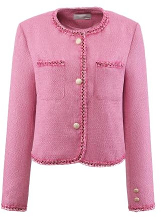 Hobemty Veste élégante en Tweed pour Femmes, Manches Longues, Garniture de Panneau, Blazer de Travail et de Bureau Rose L