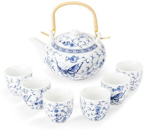 fanquare Blue and White Tea Set Flower Butterfly Teapot with Infuser Chinese Tea Pot Sets for Adults Gifts, One Teapot with 6 Cups