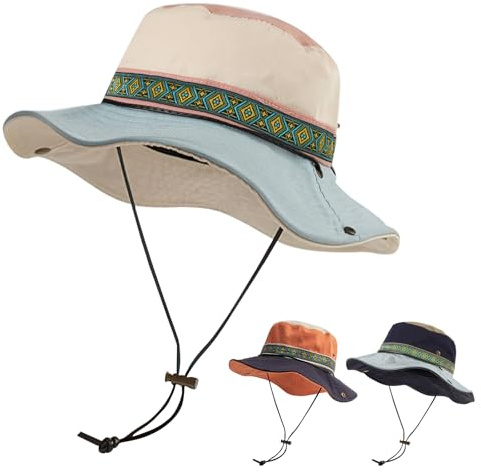 TAGVO UV-Schutz Gartenhut Sonnenhut Damen und Herren, Faltbar Baumwolle Boonie Fischerhut mit Kinnriemen, Wanderhut Bucket-Hat Outdoor Safari Hut Ranger Hut - Zwei Arten zu tragen