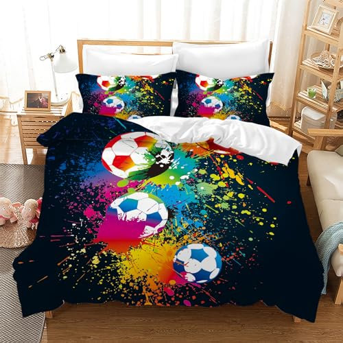 Gegeryozer 3D Fußball Bettwäsche 220×240cm,Kinder Fußball Bettbezug Set,Fußball Sport Motiv Mikrofaser Kinderbettbezug + 2 Kissenbezüge 50x75 cm(ZQ1)