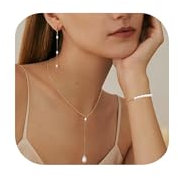 LOLIAS Pearl Necklace for Women Pearl Earrings Bracelet Jewellery Set 14K Gold Plated Pearl Jewelry Set Adjustable Pearl Choker Necklace Bracelet Pearl Drop Earrings Dainty Wedding Jewellery Sets D
