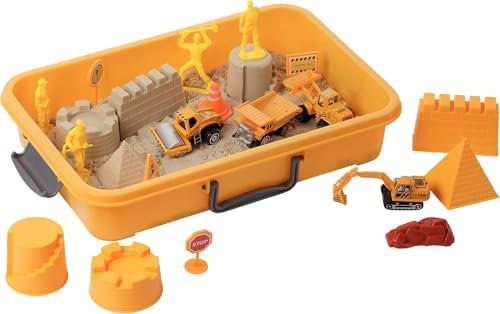 Tractor Sand Playset Construction Sandbox With Lid Sensory Toys for Kids with 2 lbs Play Sand, Bulldozer, Molds and Figures - Children Toys 3-5 Boys, Indoor Play, Mini Construction Toy
