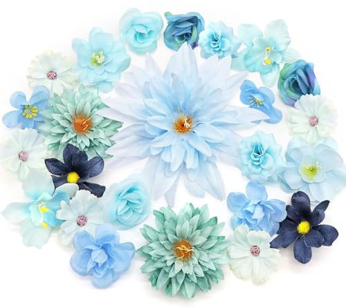 MOTONG 30 PCS Fleur Artificielle, Fleurs Artificielles Deco Fleur de Décoration de Gâteau Fausse Fleur Decoration Fleur Sechees Decoration for Cimetiere Mariages Fêtes d'anniversaire, Bleu