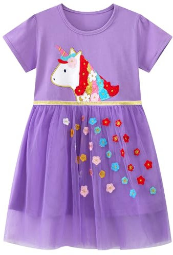 Baogaier Ragazza Vestito Cotone Abiti Bambina Viola Animali Modello Stampa Casual Eleganti Manica Corta Estivo Camicia Festa Tulle T-Shirt Magliette Top Abito Bimba 4-5 Anni