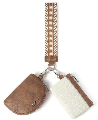 CLUCI Münzbörsen für Damen Mini Portemonnaie Kleine Geldbörse mit Armband, PU Leder Sportliche Coin Purse Pouch mit Reißverschluss Münztasche Beige mit Braun