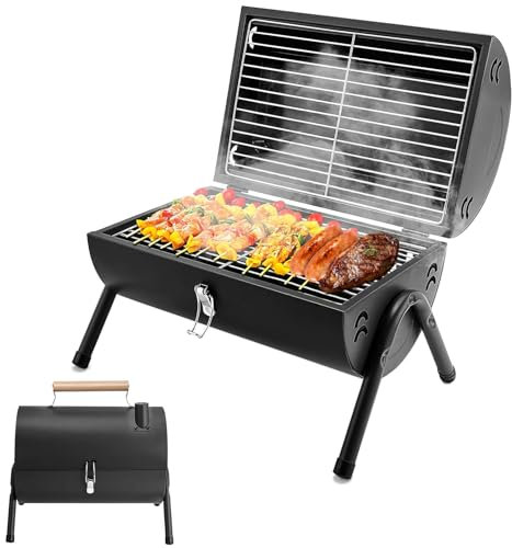 Holzkohlegrill Klein BBQ Grill Klappgrill Mini Koffergrill mit Deckel Tischgrill Tragbarer Grill Doppel Grillfläche für Outdoor Camping Balkon Picknick und Barbecue (Schwarz, 50 x 37,5 CM)