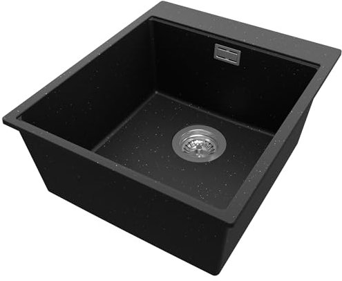 PRIMAGRAN Fregadero Cocina Negro Metallic 43x50cm, Granito 1 Seno + Sifón, Sobre encimera al mueble 45cm - Oslo S059