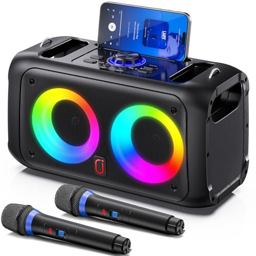HWWR Karaoke Machine for Adults Kids, Bluetooth Speaker with 2 Wireless Microphones for Singing, PA System with HiFi Sound/Dual 3 Subwoofers/Echo Adjustment/Disco Lights for Home Party (Black)