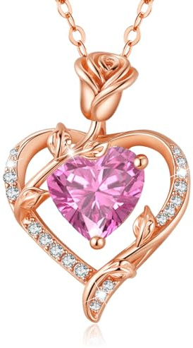 Halskette Damen 925 Sterling Silber Rosen Herz Geburtsstein Kette Schmuck | Geschenk für Frauen Frau Freundin Mama zum Weihnachten Valentinstag Muttertags Hochzeit Jubiläum Geburtstag