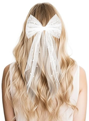 Ouligay JGA Schleier Braut Weiße Brautschleier Kurz mit Perlen & Schleife, Schleier mit Haarspange Elegante Braut Haarschmuck für Bachelorette Party Junggesellenabschied Hochzeit