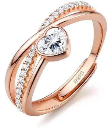 JeweBella 925 Sterling Silver Rings for Women Single Adjustable Eternity Cubic Zirconia Ring Thumb Silver Rose Gold Heart Star Promise Engagement Rings for Women Wedding Anniversary