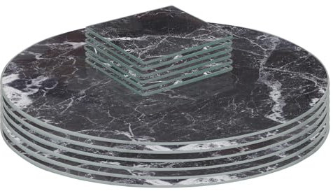 Harbour Housewares Round Glass Placemats & Square Coasters Set - 30cm - Black Marble - 12pc Tempered Heat-Resistant Non-Slip Rectangle Indoor Home Kitchen Dining Table Dinner Plate Place Mat Mats Set