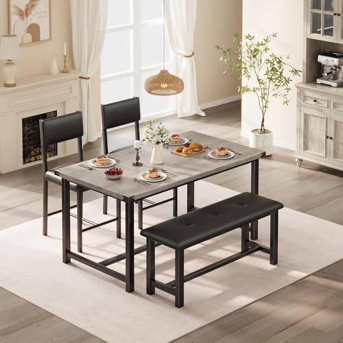 OPULENTHOME 4 Pcs Esstisch Set, Esstisch mit Gepolsterten 2 Stühlen und Bänken, Holz Tisch Stühlen Set für Küche, Wohnung, Robuste Rahmen, Schwarz,113x70x75cm, Grau