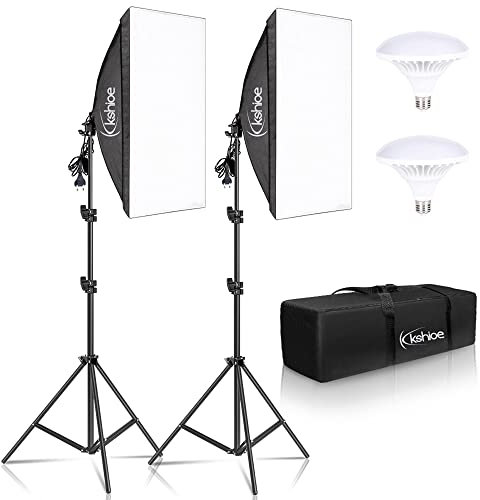 Bonnlo Softbox Licht Kit für Fotostudio, 50 x 70 cm Softbox mit E27 Sockel und 2X 5500K LED Lampen, höhenverstellbare Aluminium Stative, inkl. Tragetasche