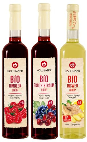 HÖLLINGER Bio Sirup Set, 3 Bottiglie da 500ml, Sciroppo Biologico ai Gusti Lampone, Frutti Rossie, Rapporto di Diluizione 1:9