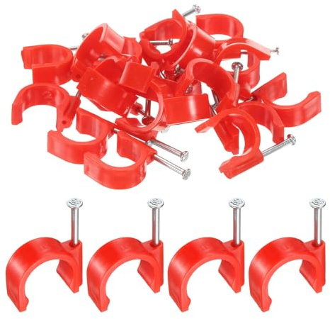 sourcing map 50pcs Cable Clips with Nail 20mm Circular Single Half Clamp J-Hook with Nail Cord Clips for Wires on Wall for Ethernet Tacks Coax Pex Tubing Pipe Support, Red