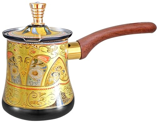 swsce Turkish Arabic Coffee Pot with Wooden Handle,Stove Top Water Boiler, Coffee Maker, Butter, Chocolate & Milk Warmer,Even and Quick Heat with Handcrafted Metal Material (Black and Gold)