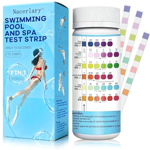 175 strisce reattive 7 in 1 per piscina, kit completo per l'analisi dell'acqua di piscine, spa e vasche idromassaggio, misura cloro, bromo, pH, durezza totale, alcalinità, acido cianurico