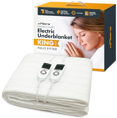 AIRSENZ Fully Fitted King Size Electric Blanket With Dual Controls - Deep Elasticated Skirt - Fits like a Fitted Sheet - 9 Heat Settings - Unique Body and Feet Settings - 12 Hour Timer