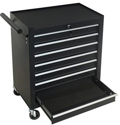 SwitZer 7 Drawer Rolling Tool Chest Cabinet with Interlocking Drawer Safety System & Central Locking, Heavy Duty Steel Tool Trolley with Wheels and Handle, Anti-Tip Workshop Storage for Garage