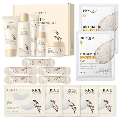 17 Stück Reise Gesichtspflege Set, con Rice Toner, Korean Skincare Set | Set für Teenager-Mädchen und Frauen, Feuchtigkeit & Beruhigende Pflege, Reduziert Feine Linien, Verbessert Hautstruktur