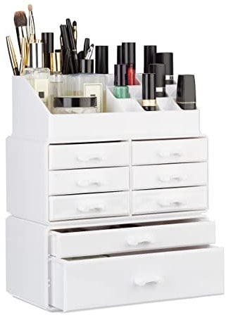 Relaxdays Make Up Organizer mit Schubladen, stapelbares Kosmetikregal f. Schmuck u. Make Up, Schminkaufbewahrung, weiß, 14 x 24 x 30 cm