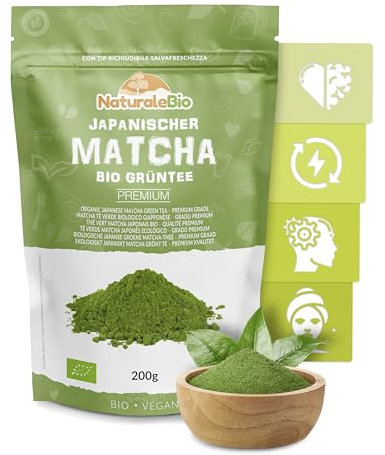 NaturaleBio Matcha Tee Pulver Bio - Premium-Qualität - 200g. Original Green Tea aus Japan. ideal zum Trinken. Grüntee-Pulver für Latte, Smoothies, Matcha-Getränk. Hergestellt in Uji, Kyoto.