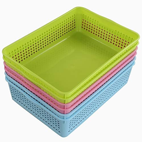 Ponpong Blue Green Pink Color Plastic A4 Storage Baskets, 6 Pack