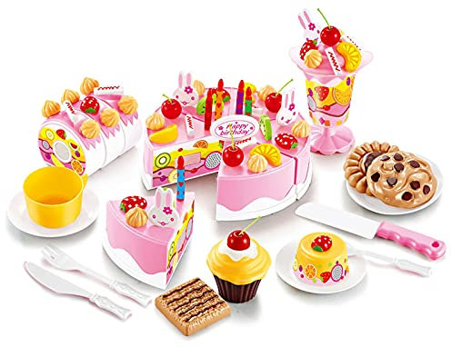 EPHIIONIY HenMerry 75PCS Birthday Cake Toy DIY Cutting Cake Play Set Kids Play Kitchen Food Pretend Play Cake Toy Best for Girls Birthday Party Gift ( 75PCS Pink)