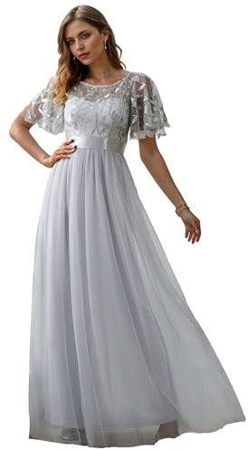 Ever-Pretty Women's Short Sleeve Embroidery Empire Waist A Line Floor Length Elegant Long Prom Dresses Grey 18UK