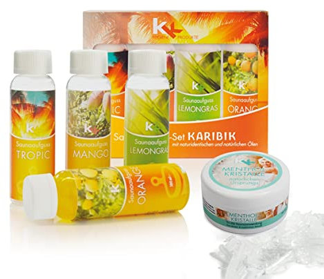 Sauna Set | KK Saunaaufgussset 4 x 100 ml + 50g Mentholkristalle | Saunakonzentrat + Menthol-Kristalle (Karibik), inkl. 50 g Menthol-Kristalle)