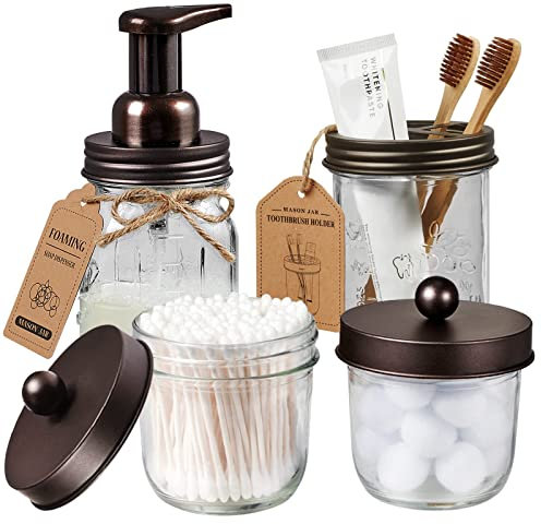 Mason Jar Bathroom Accessories Set(4 Pack) - Foaming Soap Dispenser&Qtip Holder Set&Toothbrush Holder-Rustic Farmhouse Decor Bathroom Organizer Apothecary Jar Country Countertop (Bronze)