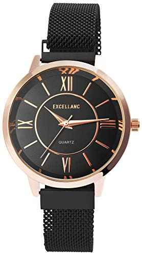 Excellanc Damen-Uhr Milanaisearmband Edelstahl Magnetverschluss Quarz Analog 1300032 (schwarz)