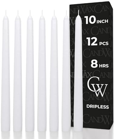 CANDWAX 25 cm White Taper Candles - Set of 12 White Candle Sticks Ideal for Christmas Decorations - Unscented Dripless Smokeless Long Burning Candlesticks - Christmas Candlesticks