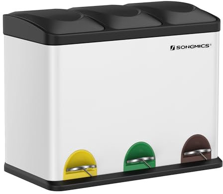 SONGMICS Mülleimer Küche, Mülltrennsystem 3 Fächer, Abfalleimer, 45 Liter Treteimer aus Metall, 3 x 15 Liter, Tretmülleimer mit Deckel, Stahl, wolkenweiß-tintenschwarz LTB45W
