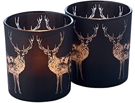 EDZARD 2er Set Teelichtglas Tiu (Höhe 8 cm, Ø 7,5 cm) matt schwarz, Motiv Hirsch, Teelichthalter, Kerzenhalter, Glas für Teelicht, Windlicht - Deko Kerzen, Tischdeko, Wohnzimmer Deko