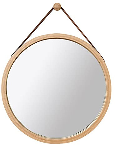 MRDAER Miroir Rond Suspendu,Miroir De Salle De Bains Miroir De Maquillage Miroir De Vanité Cadre en Bois,Miroir Rond Suspendu dans La Chambre De La Salle De Bains,Bambou Massif Bracelet en Cuir Rég