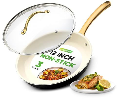 NutriChef 12-Inch Professional Ceramic Frying Pan With Lid - Large Skillet with Golden Titanium Handle, Non-Stick Ceramic Coating, Stain-Resistant, Easy to Clean, Ideal for Home Cooking