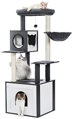 PAWZ Road Arbre à Chat Moderne en Bois avec Armoire de Rangement, bac à litière et Niche spacieuse, Grand perchoir et hamac, poteaux à gratter recouverts de sisal pour Chats