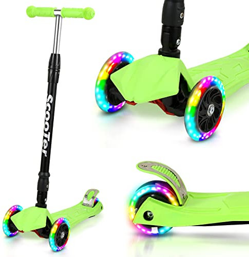 Tubiaz Kinder Roller mit 3 LED Leuchtenden Räder,4 Höhenverstellbarer und Faltbar Kinderscooter, Rutschfest und langlebig, für Kinder Roller ab 3-14 Jahre, bis 50kg, Grün