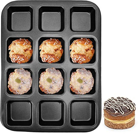 Natudeco Brownie Teglia 12 cavità quadrate Mini torta antiaderente in acciaio al carbonio Muffin Bakeware Cupcake Pane divisorio Stampo Mini teglie da forno per cottura in forno(Nero)