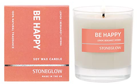 Stoneglow Wellbeing Collection - Be Happy 220 Grams Scented Candle - Lemon, Bergamot, Myrrh (Orange)