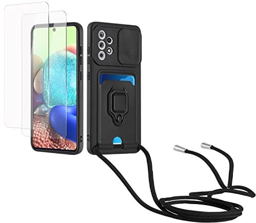 Kaslly Case für Samsung Galaxy A52 4G/5G/A52S 5G Handykette Hülle+[2 Schutzfolie Glas],Slide kameraschutz,Silikon Handyhülle zum Umhängen Kette,Kartenfach-Schwarz