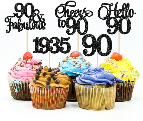 Gyufise 30Pcs 90th Birthday Cupcake Toppers 90 Fabulous Cupcake Picks Cheers to 90 1935 Cake Decorations for Happy 90th Birthday Wedding Anniversary Party Decoration Supplies Black